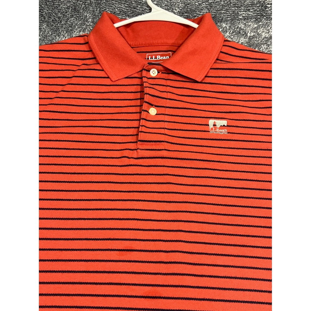 LL Bean Mens Traditional Fit Polo Shirt Medium Orange Navy Blue Striped Cotton
